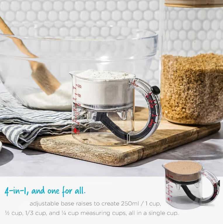 4-in-1 Adjustable Measuring Cup ~ From flour to honey, one cup rules them all.