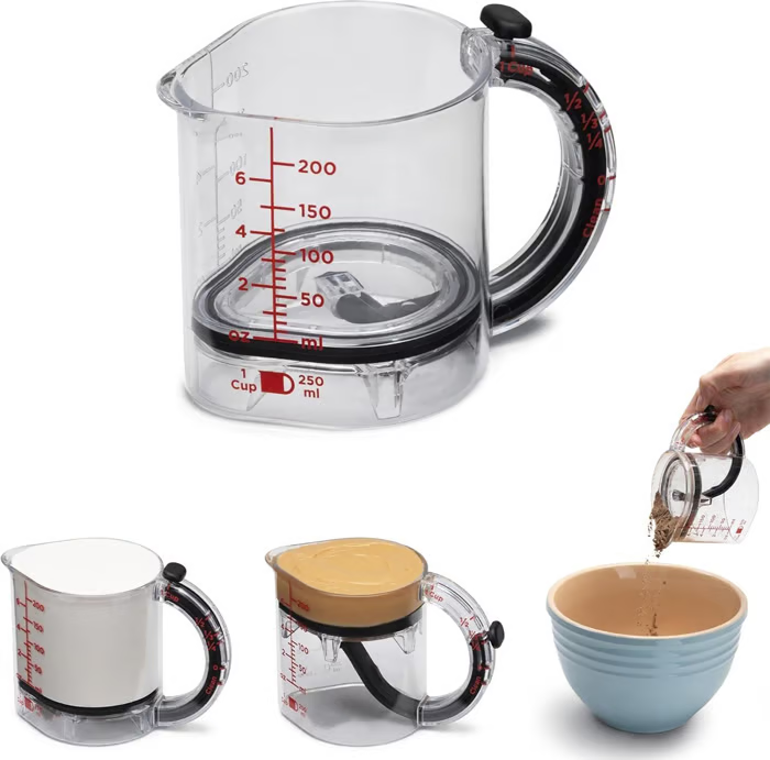 4-in-1 Adjustable Measuring Cup ~ From flour to honey, one cup rules them all.