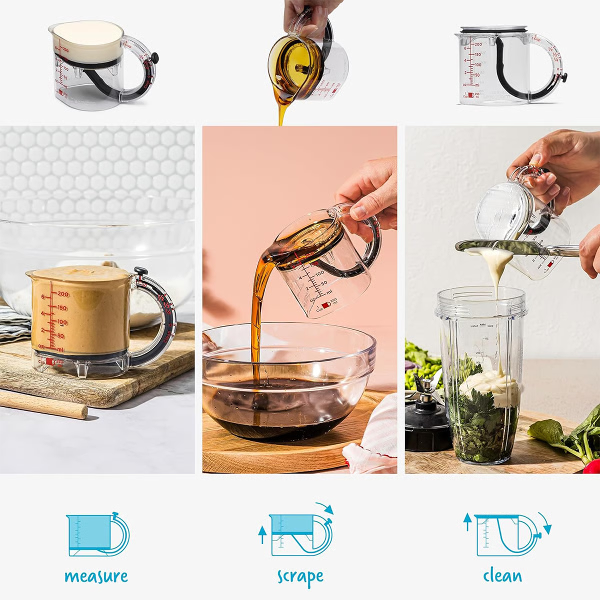 4-in-1 Adjustable Measuring Cup ~ From flour to honey, one cup rules them all.