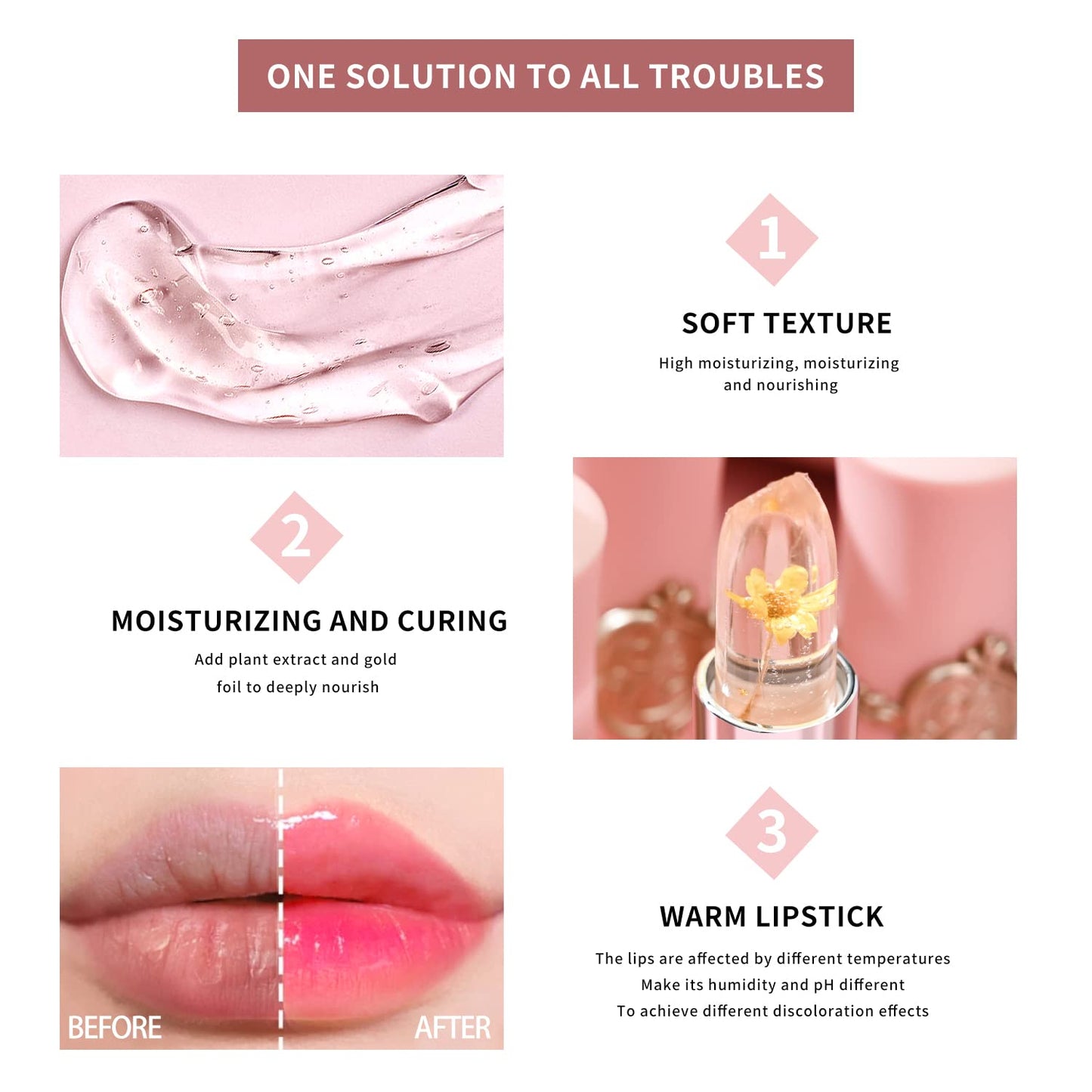 6-Piece Crystal Jelly Color-Changing Lipstick Set ~ Temperature-activated tint for soft, hydrated lips all day