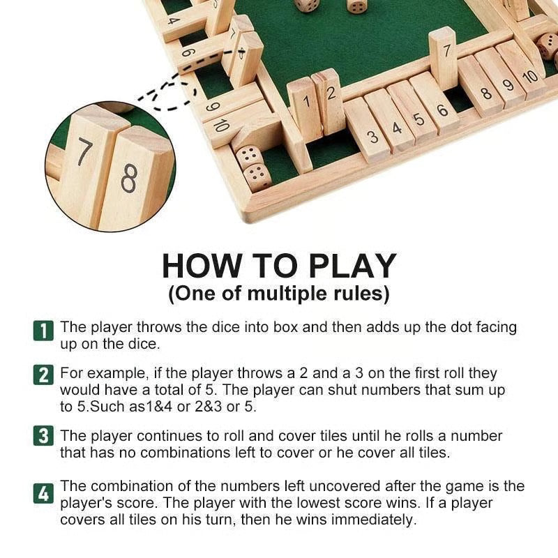 Shut The Box Board Game ~ Classic wooden dice game for family fun.