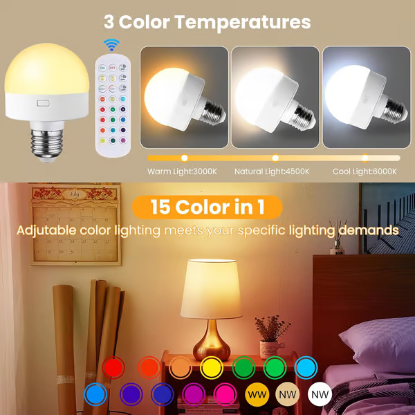 Rechargeable Light Bulbs with Remote Control ~ Wireless lighting with 15 mood options