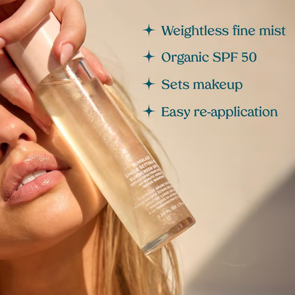 Sunglaze Setting Mist ~ Weightless SPF 50 & makeup lock in one spray.