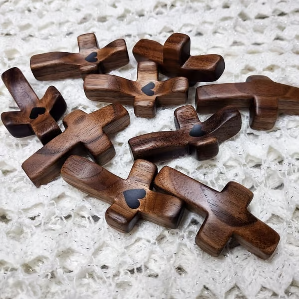 Handmade Wooden Cross My Heart ~ A Pocket-Sized Symbol of Faith and Love.