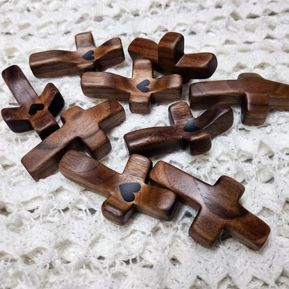 Handmade Wooden Cross My Heart ~ A Pocket-Sized Symbol of Faith and Love.