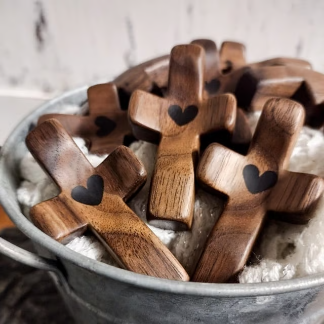 Handmade Wooden Cross My Heart ~ A Pocket-Sized Symbol of Faith and Love.